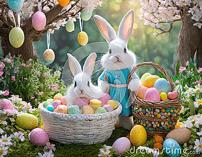 Enchanting Easter Scene: Bunnies, Eggs, and Gardens in the Farmer's Courtyard with a Church in the Background Stock Photo