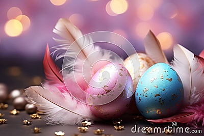 Enchanting Easter scene Eggs, feathers, glitter on a soft background Stock Photo