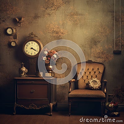 Enchanting Eclectic Room With Antique Chair And Mysterious Clocks Stock Photo