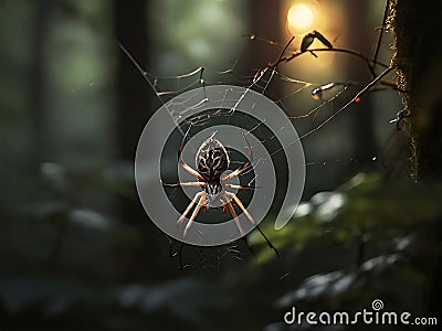 Silken symphony: A spider's nocturnal tapestry in the dim forest dusk Stock Photo