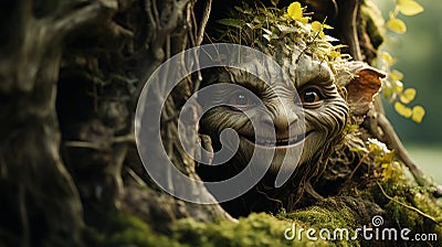 Enchanting Encounter: The Cute Troll Peeking from Behind the Tree Stock Photo