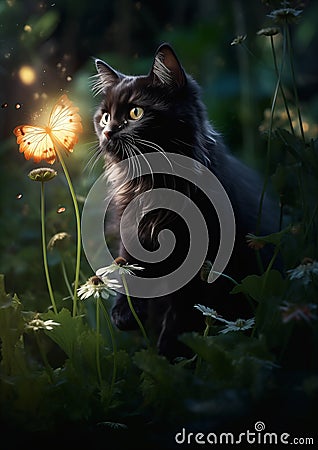 Enchanting Encounter: A Fluffy Black Kitten in a Glowing Forest Stock Photo