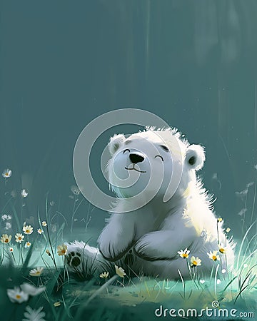 Enchanting Encounter: A Playful Polar Bear in a Magical Meadow Stock Photo