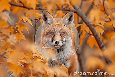 Enchanting encounter red fox amid autumn leaves, bathed in sunlight photorealistic photography Stock Photo