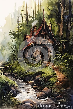 Enchanting Escape: A Cozy Cottage in the Woods Illustrated with Stock Photo