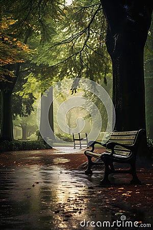 Enchanting Evenings: A Rainy Autumn in the Middle of a Forested Stock Photo