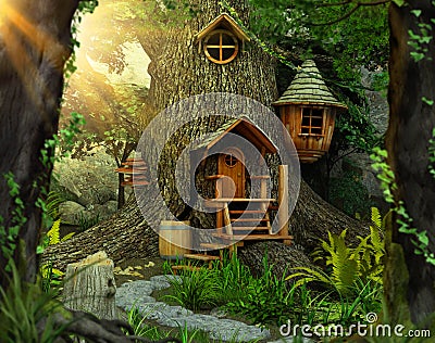 Enchanting fairy tree home inside an old white oak Stock Photo