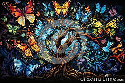 Enchanting Fantasy Tree with Beautiful Butterfly - Magical Nature Photography Print Stock Photo