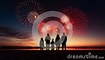 Enchanting fireworks illuminate night sky as crowd joyfully celebrates holiday outdoors Stock Photo