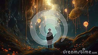 Enchanting Forest: A Cinematic 3D Render of a Woman Amidst Glowing Flowers and Sparkling Streams Stock Photo