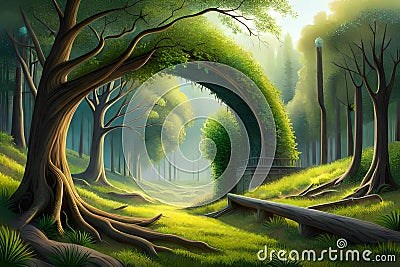An enchanting forest clearing with a natural arch formed by intertwined trees, creating a magical gateway to another realm Stock Photo