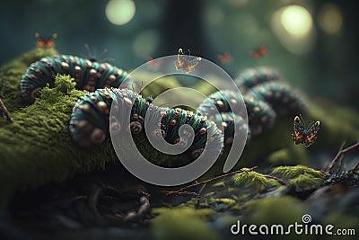 Enchanting Forest with Hyper-Detailed Moths & Caterpillars in Unreal Engine 5 Stock Photo