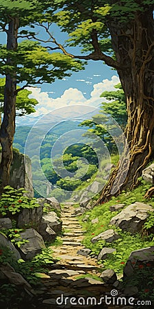 Enchanting Forest Path: Anime Art Inspired By Miyazaki Hayao Stock Photo