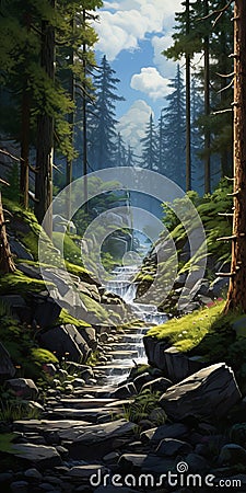 Enchanting Forest Scenery: A Greg Hildebrandt Inspired Artwork Cartoon Illustration