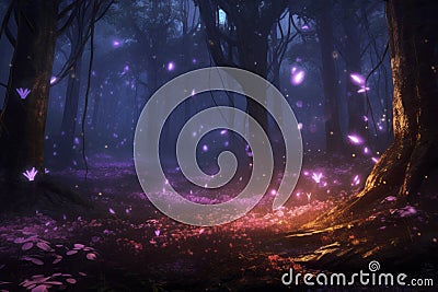 Enchanting forest teeming with fireflies, night ambiance, gentle purple radiance, Generative AI Cartoon Illustration