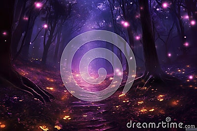 Enchanting forest teeming with fireflies, night ambiance, gentle purple radiance, Generative AI Cartoon Illustration