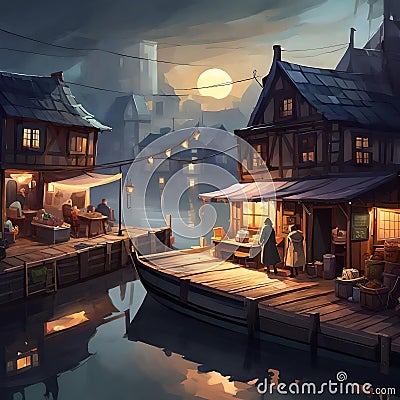 Mystical Harbor Nights: Game Art of a Foggy Cityscape with Market and Port Houses Stock Photo
