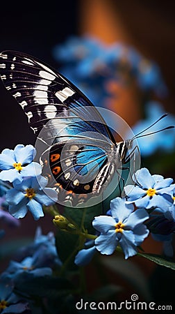 Enchanting garden scene close up of a butterfly on blue flowers Stock Photo
