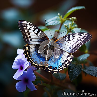 Enchanting garden scene close up of a butterfly on blue flowers Stock Photo