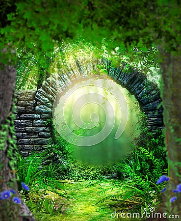 Enchanting gate entrance to a lush fairytale forest Stock Photo