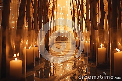 Enchanting Glow: Festive Candles Illuminate the Corridor in a Holiday Wonderland Stock Photo