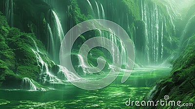 Enchanting Green Cascade: Serene Nature Waterfall Scenery. Stock Photo