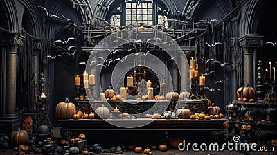 Enchanting Halloween Crafts & Decorations in Abandoned Gothic Mansion Stock Photo