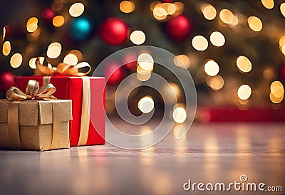 Enchanting Holiday Decor: Ornaments and Bokeh Merry Christmas ornaments. Red and Gold Christmas gifts and lights Christmas tree Stock Photo