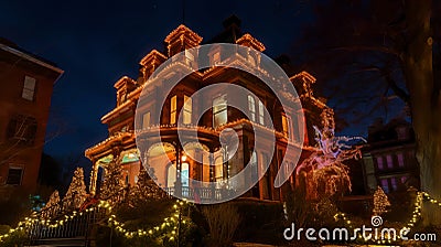 Enchanting Holiday Grandeur: Mesmerizing Nighttime Photo of Victorian Mansion's Decorated Entrance Stock Photo