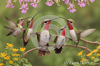 Graceful Bird Family in Wildflower Garden Nature's Flight Symphony Stock Photo