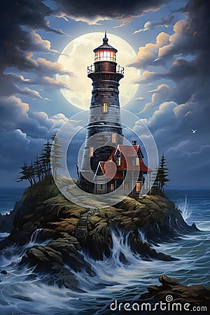 Enchanting Illumination: A Lighthouse's Lonely Vigil on a Rocky Stock Photo
