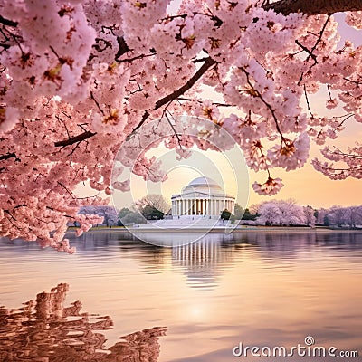 Spring Splendor: The Jefferson Memorial Amidst Blossoming Cherry Trees Cartoon Illustration