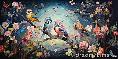 Majestic owls perched on a vibrant tree adorned with fluttering butterflies. Cartoon Illustration