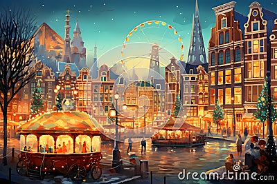 Amsterdam city in winter, Netherlands. Christmas and New Year background Cartoon Illustration