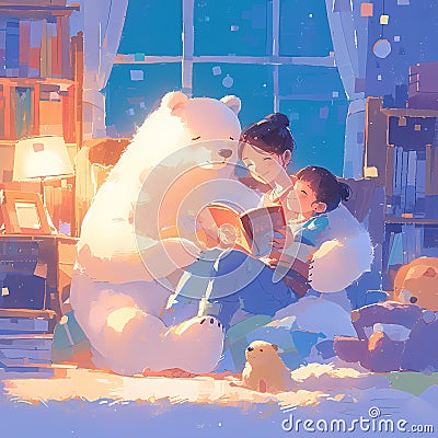 Heartwarming Family Moment with Cuddly Polar Bear Cartoon Illustration