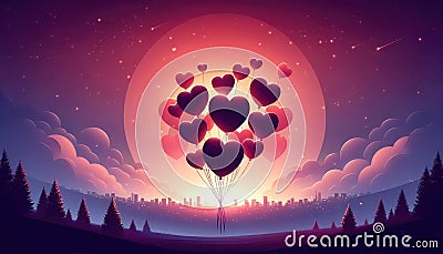 Romantic Heart-Shaped Balloons Over Cityscape at Sunset, AI Generated Stock Photo