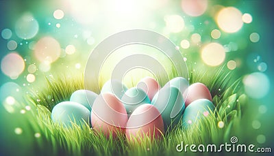 Vibrant Easter Eggs Nestled in Spring Grass with Magical Bokeh Lights, AI Generated Stock Photo