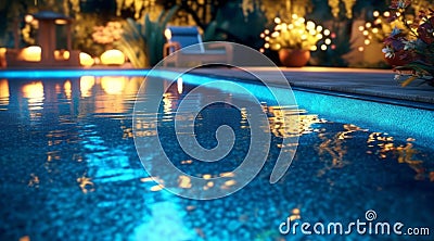 An enchanting image of a clean pool illuminated by soft lighting, with reflections dancing on the water's surface Stock Photo