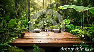 An enchanting image of a luxurious outdoor yoga sanctuary, Stock Photo