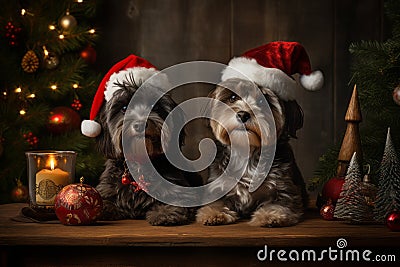 An enchanting image of pets dressed as Santa's elves. Stock Photo