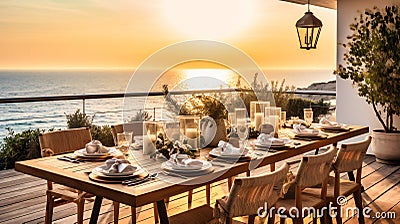 An enchanting image of a sophisticated outdoor dining area, Stock Photo