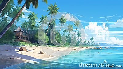 Enchanting Laguna Beach Scene From The Maldives In Hayao Miyazaki's Style Stock Photo