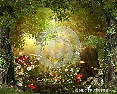 Enchanting Lush ,Fairy Tale Woodland Cartoon Illustration