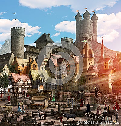 Enchanting Medieval Fantasy Town Marketplace Cartoon Illustration