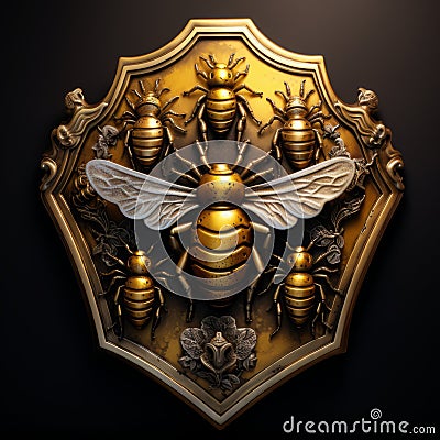 Enchanting Medieval Shield: Intricate Bee Symbols Crafted in Timeless Elegance Stock Photo