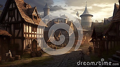Enchanting Medieval Village: Fantasy Illustration - Generative AI Stock Photo