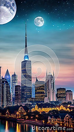 Enchanting Moonlit citycape illustration Artificial Intelligence artwork generated Cartoon Illustration