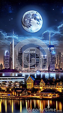 Enchanting Moonlit citycape illustration Artificial Intelligence artwork generated Cartoon Illustration