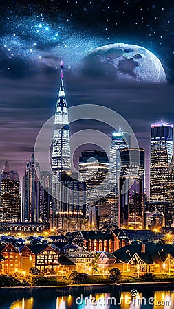 Enchanting Moonlit citycape illustration Artificial Intelligence artwork generated Cartoon Illustration