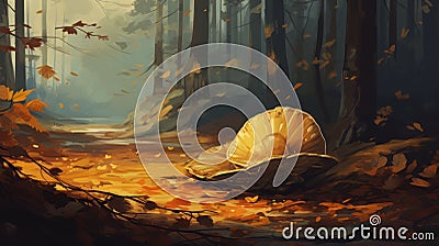 Enchanting Mushroom: A Golden Hued Concept Art In An Autumn Forest Cartoon Illustration